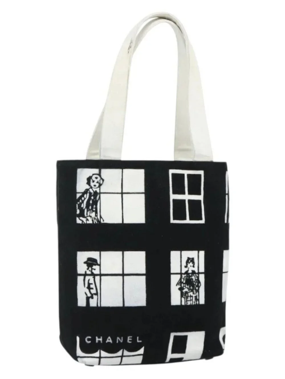 CHANEL Windows Line Tote Bag Canvas Black Gold CC Auth BA12234